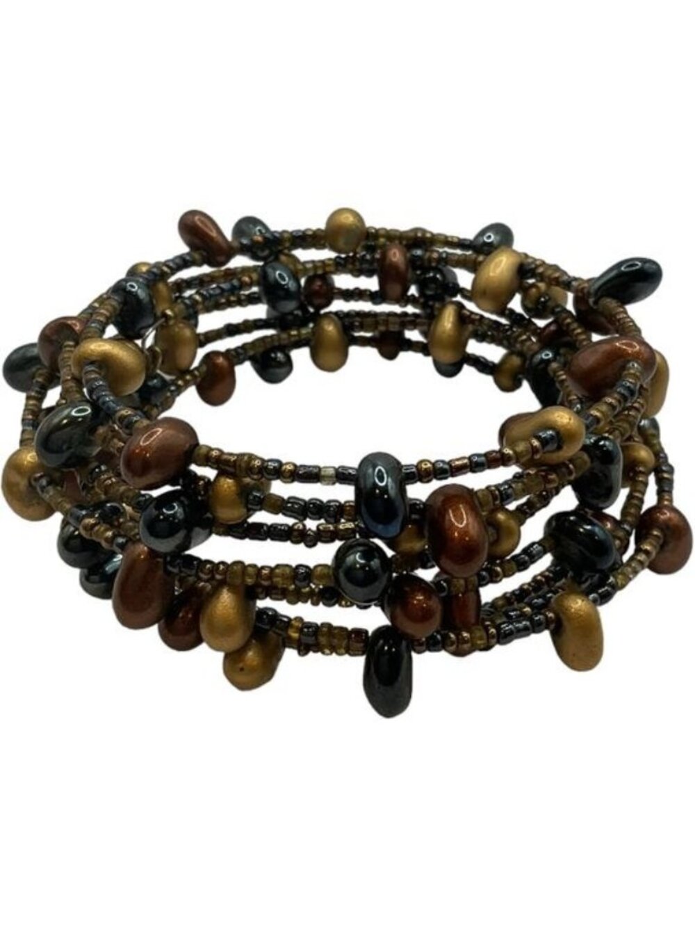 Boho Metallic Multi Strand Memory Wire Beaded Cuff Wrap Bracelet Bronze Gold
